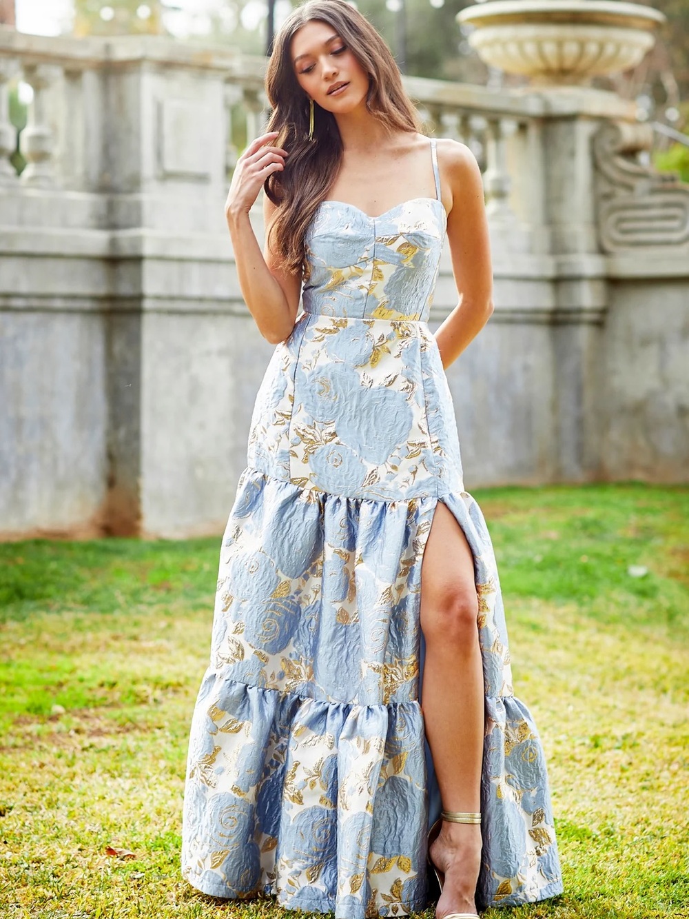 Light Blue Floral Maxi Dress with Gold Accents and Side Slit